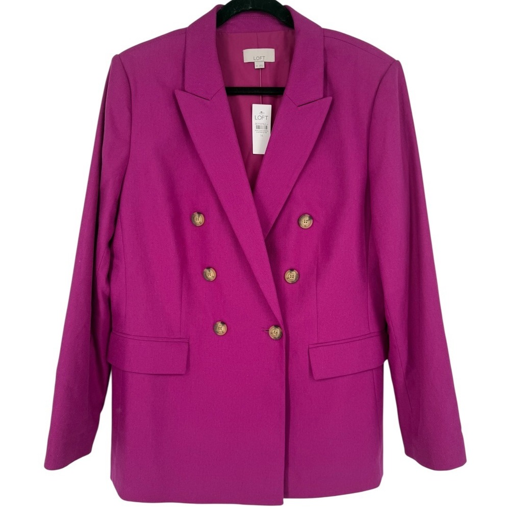 NWT LOFT Cotton Linen Double Breasted Blazer Jacket Magenta‎ Pink Size 14 Career